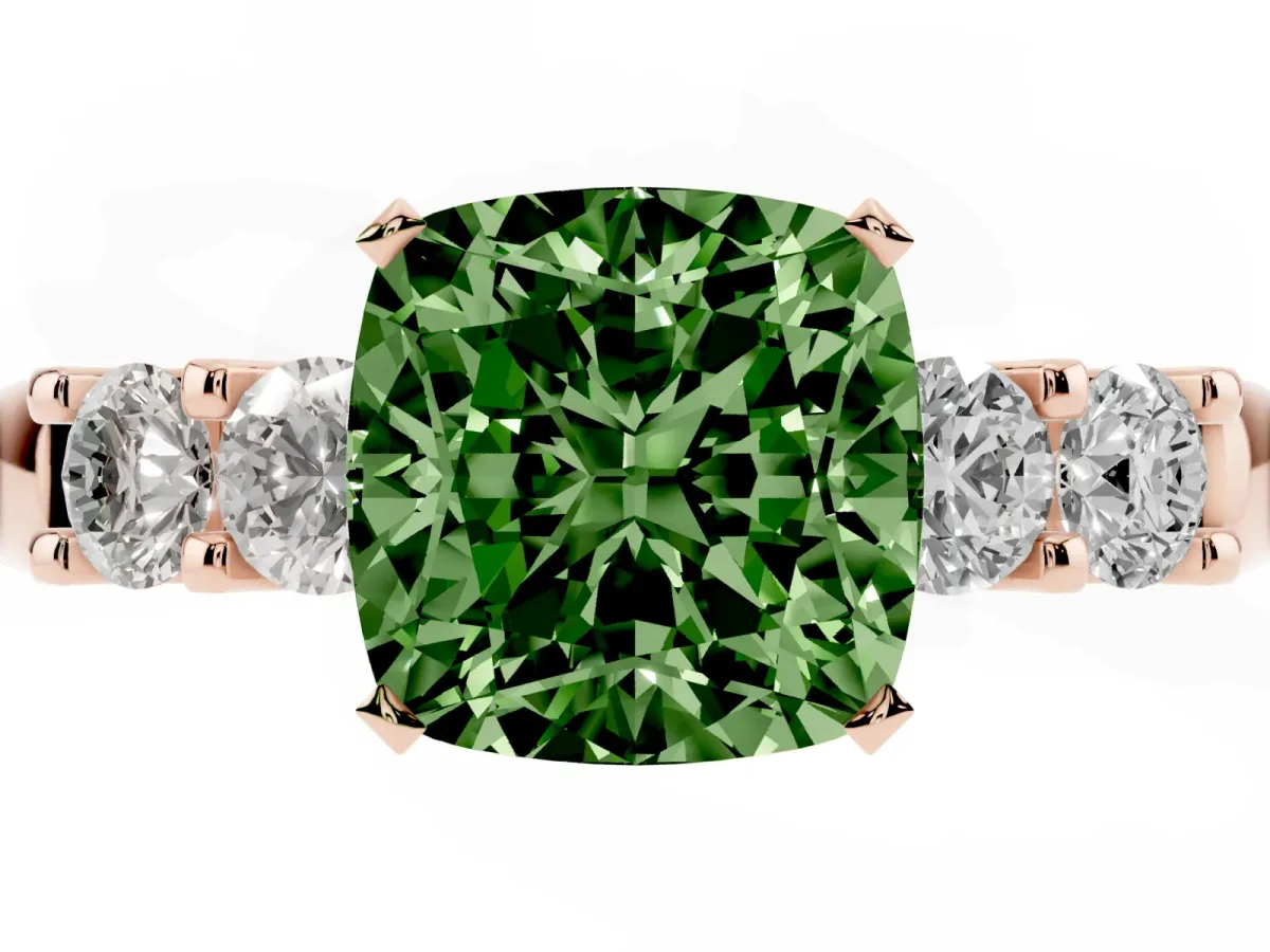 Fancy Green Cushion Cut Brilliant Cut Diamond Five-Stone Prong Set Engagement Ring with Channel Band Rose gold