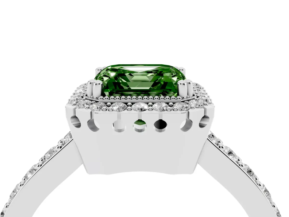 Fancy Green Asscher Cut Cut Diamond Halo Engagement Ring with Milgrain Detail and Pavé Band Platinum
