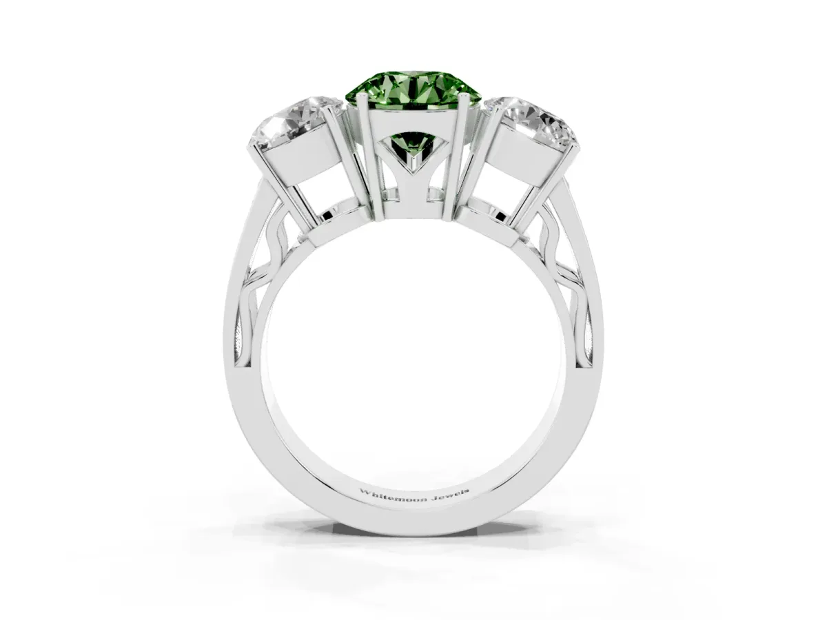 Fancy Green Round Cut Diamond Three-Stone Ring with Prong Setting and Textured Band Silver