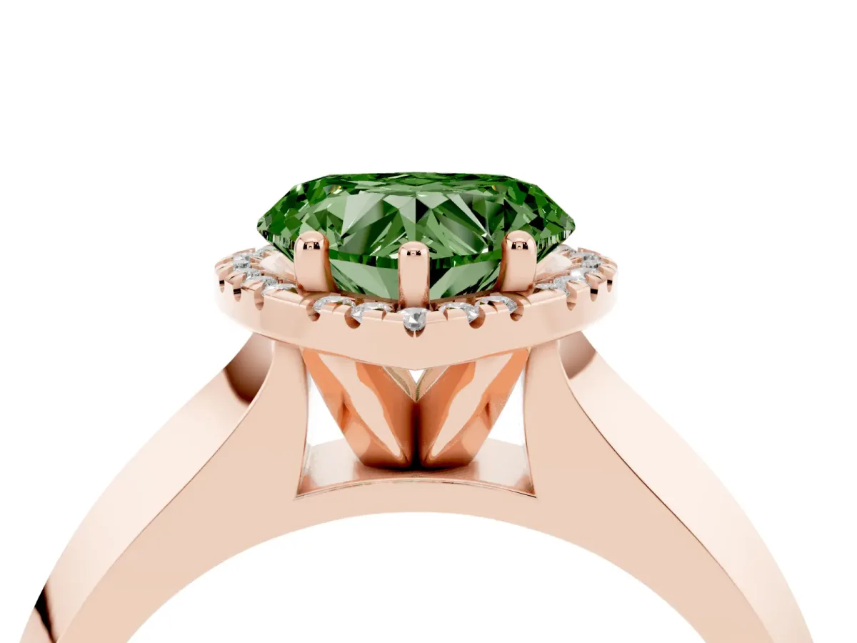Fancy Green Heart Cut Halo Diamond Ring with Cathedral Band and Four-Prong Setting Rose gold