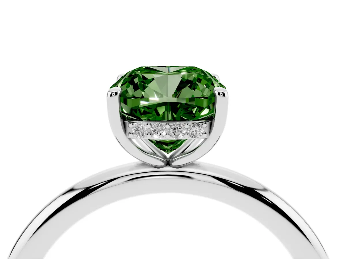 Fancy Green Cushion Cut Diamond Solitaire Ring with Thin Band and Four-Prong Setting Silver
