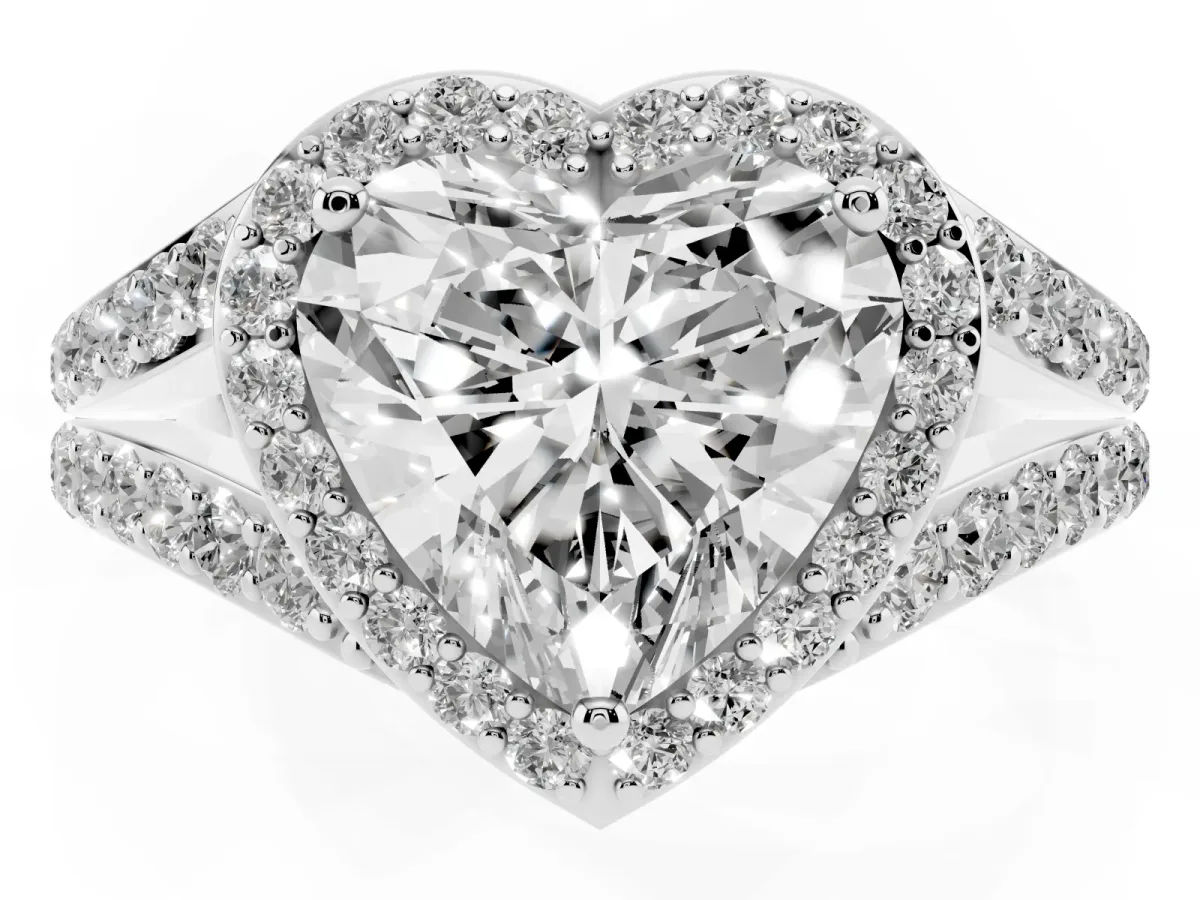Heart Cut Diamond Split Shank Halo Ring with Four-Prong Setting Silver