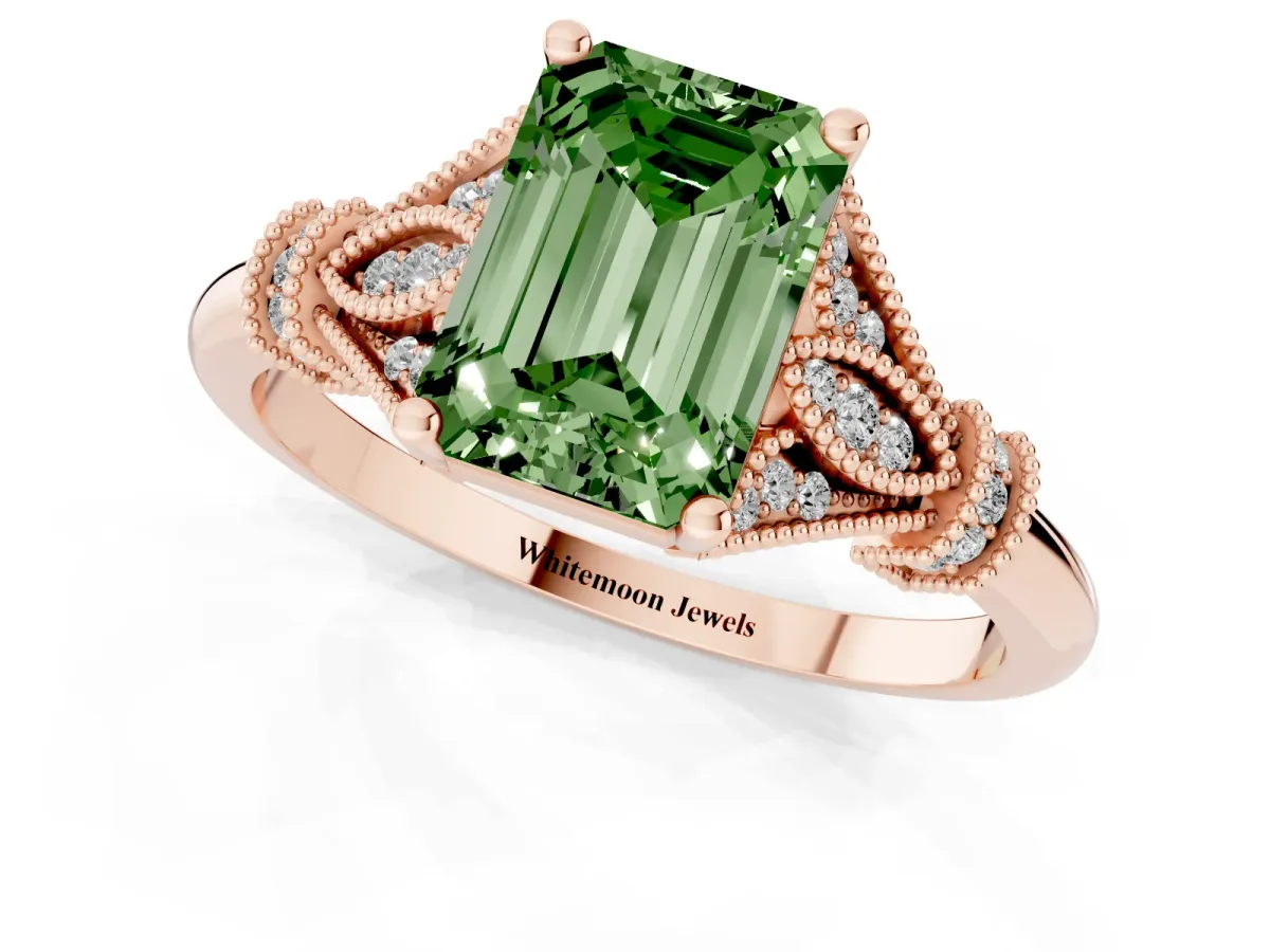 Fancy Green Emerald Cut Diamond Solitaire Ring with Floral Filigree and Pave Accents Rose gold