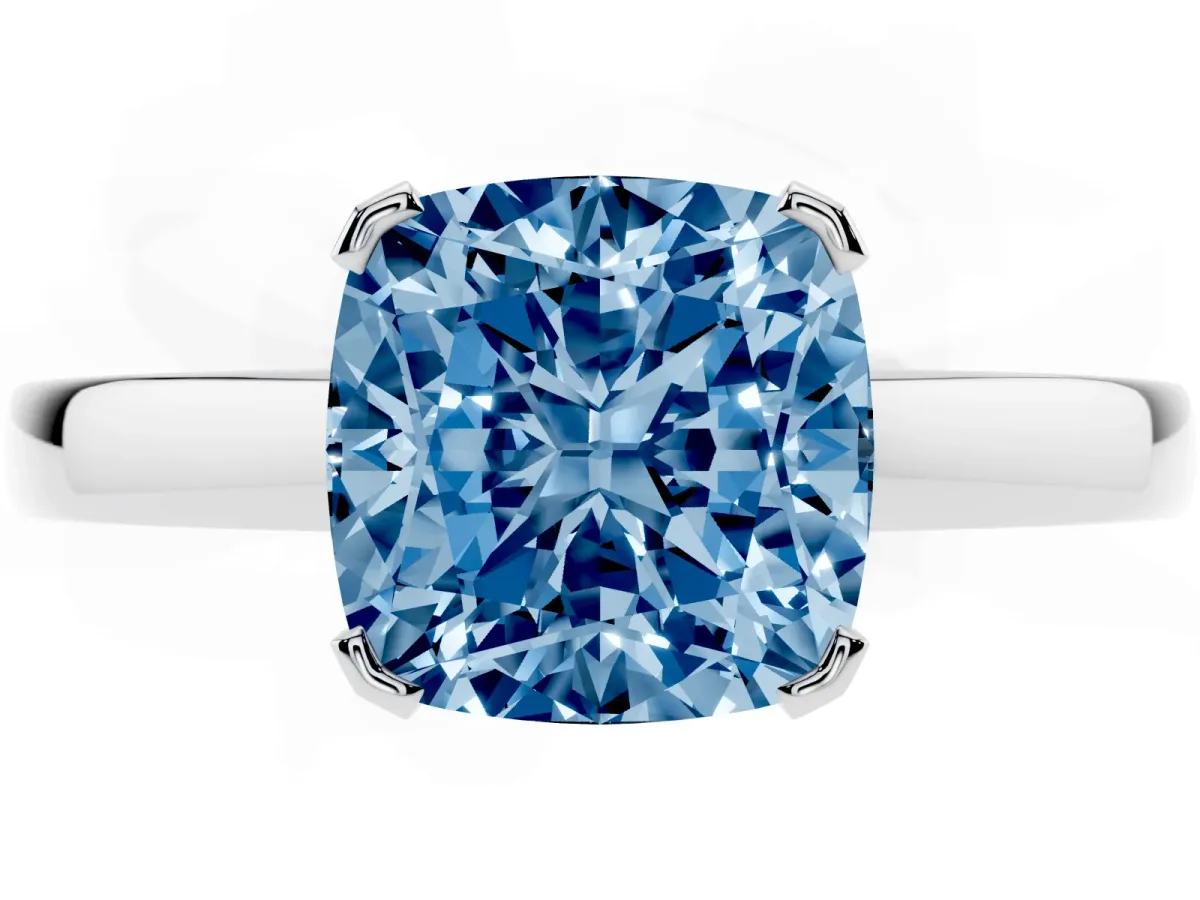 Fancy Blue Cushion Cut Cut Solitaire Ring with Four-Prong Setting and Classic Band Platinum