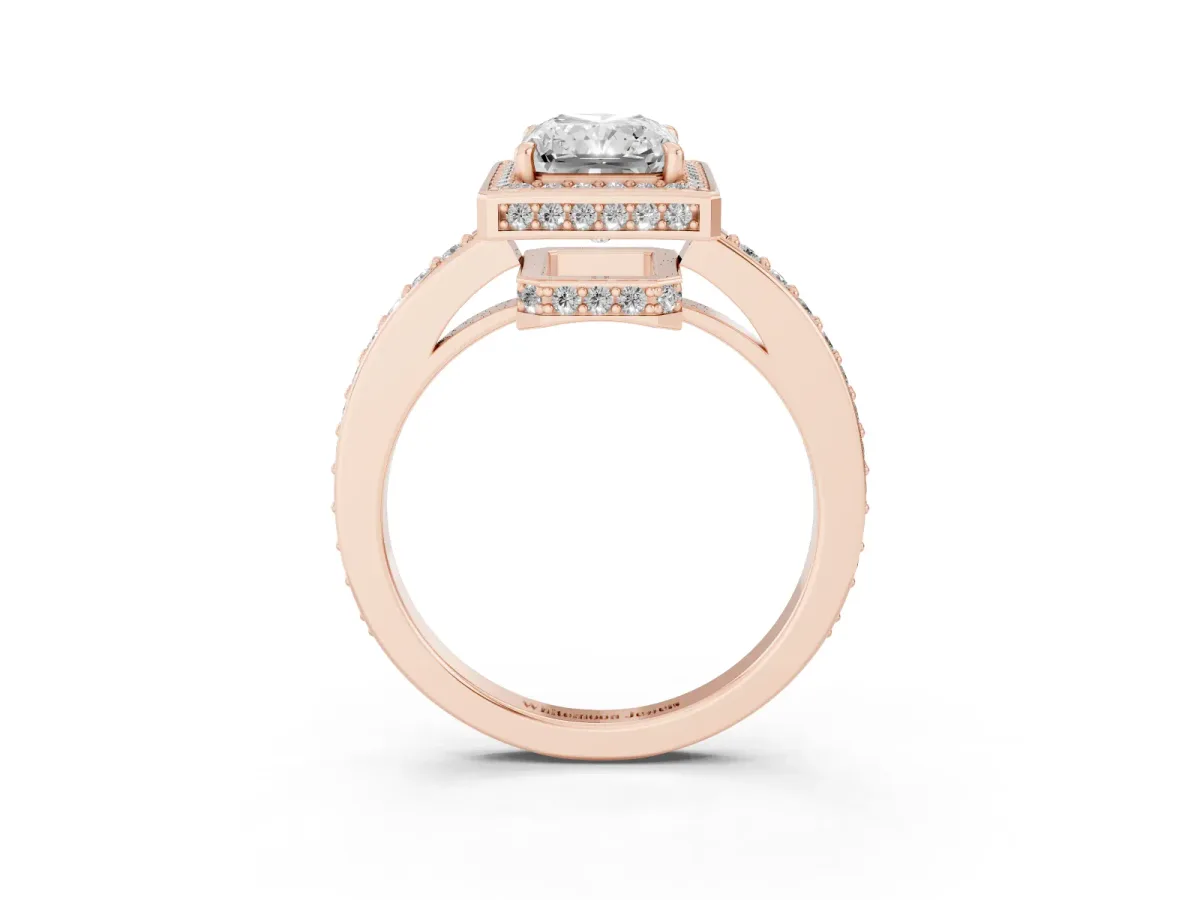 Radiant Cut Halo Pave Band Solitaire Ring with Prong Setting Rose gold