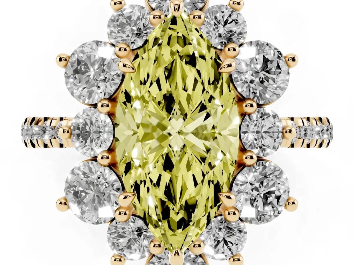 Fancy Yellow Marquise Cut Diamond Floral Halo Ring with Round Pavé Band and Prong Setting Yellow gold