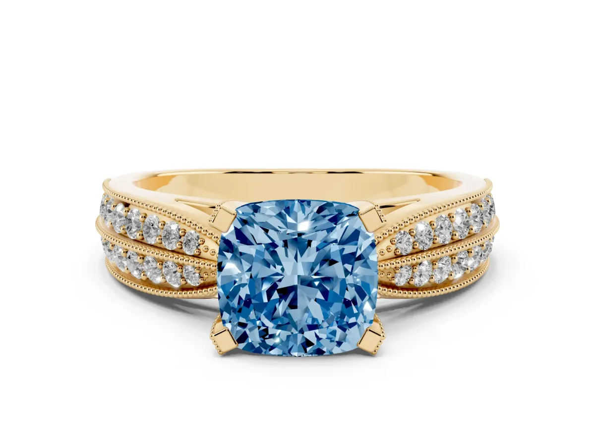Fancy Blue Cushion Cut Diamond Solitaire Ring with Milgrain Round Pavé Band and Prong Setting Yellow gold