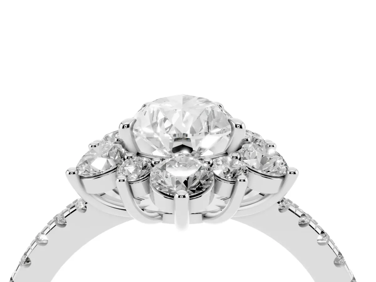 Pear Cut Diamond Floral Halo Ring with Round Pavé Band and Prong Setting Silver