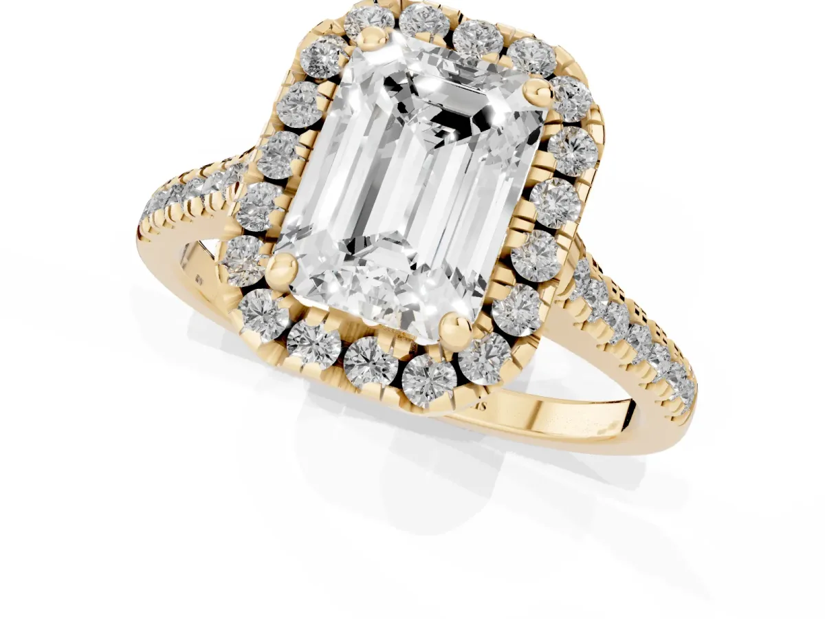 Emerald Cut Diamond Cushion Halo Ring with Pavé Band Yellow gold