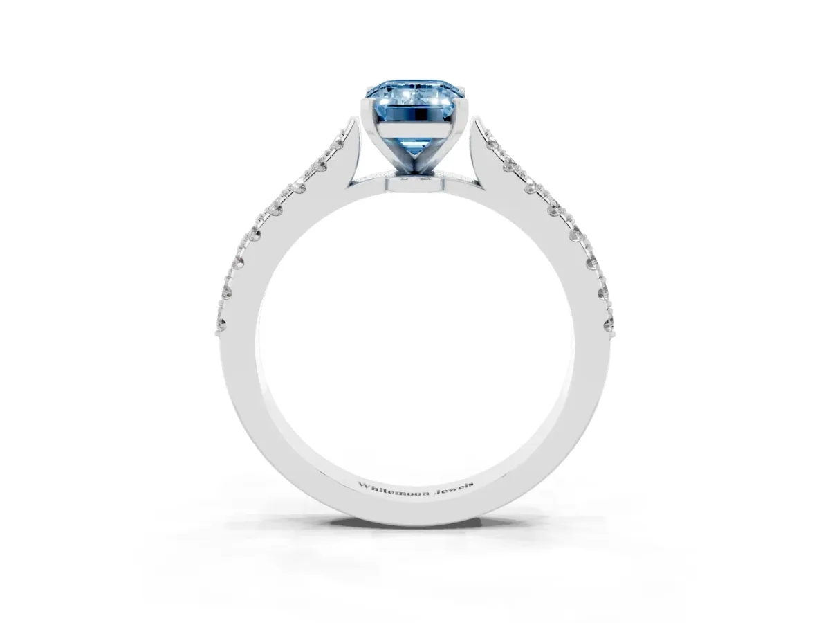 Fancy Blue Emerald Cut Cut Solitaire Diamond Engagement Ring with Pave Band and Four-Prong Setting Silver
