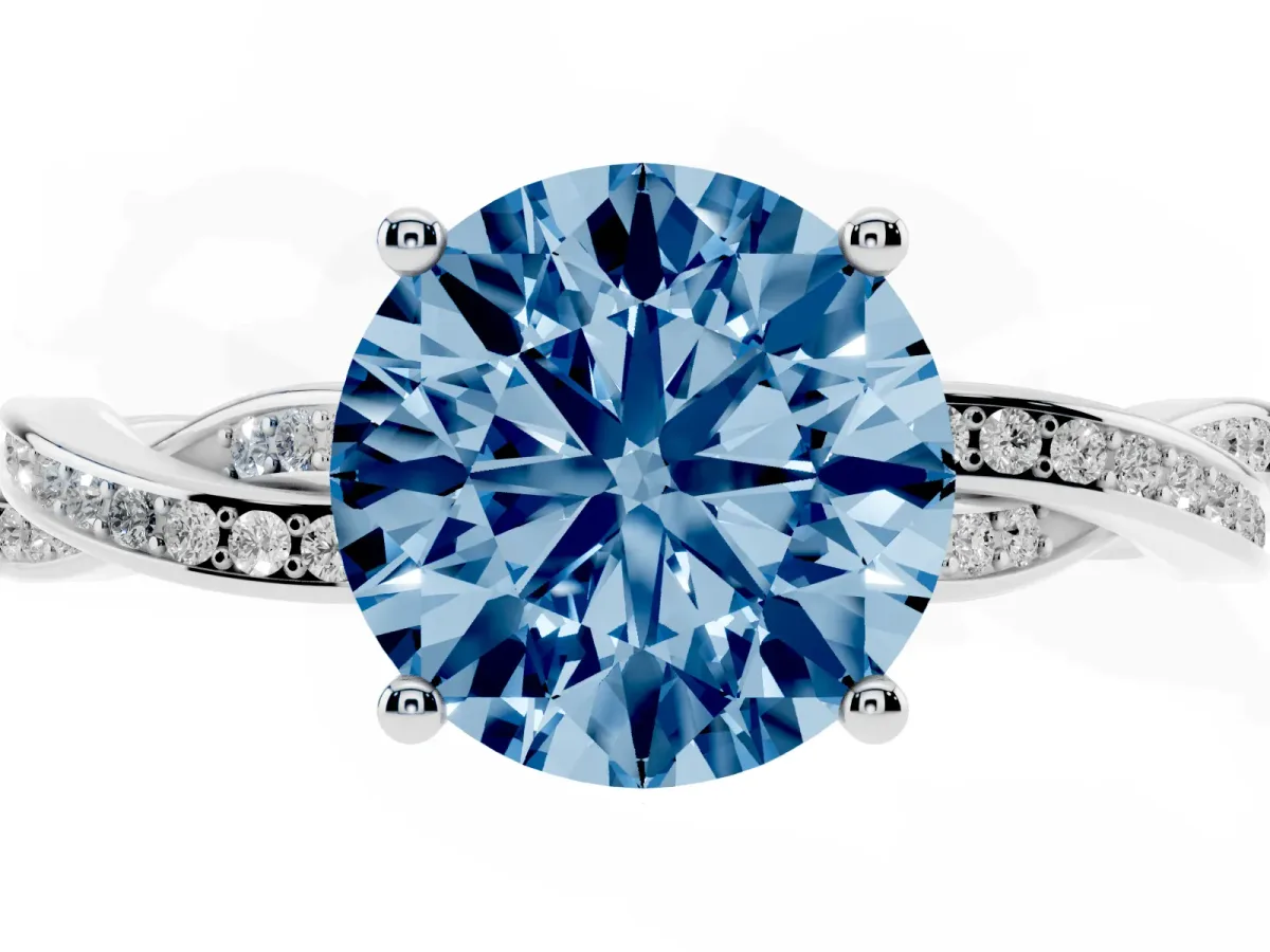 Fancy Blue Round Cut Solitaire Twisted Pave Diamond Ring with Four-Prong Setting Silver