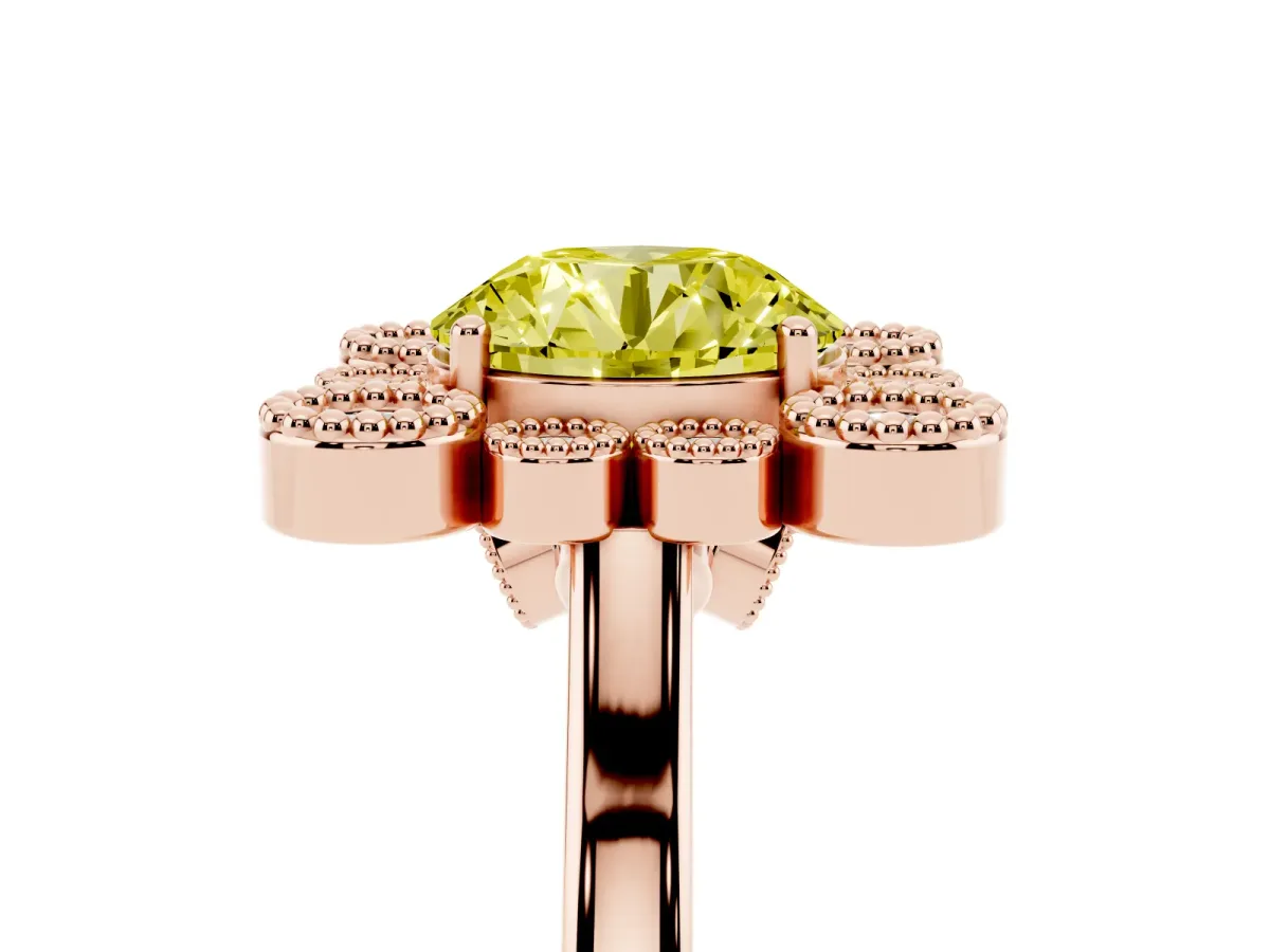 Fancy Yellow Round Cut Halo Diamond Cluster Engagement Ring with Milgrain Bezel Setting and Solitaire Band Rose gold