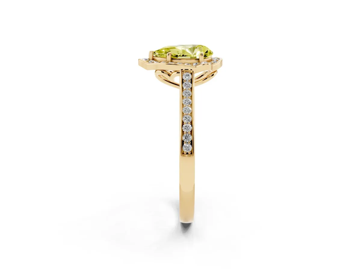 Fancy Yellow Pear Cut Halo Round Diamond Pave Band with Four-Prong Setting Yellow gold