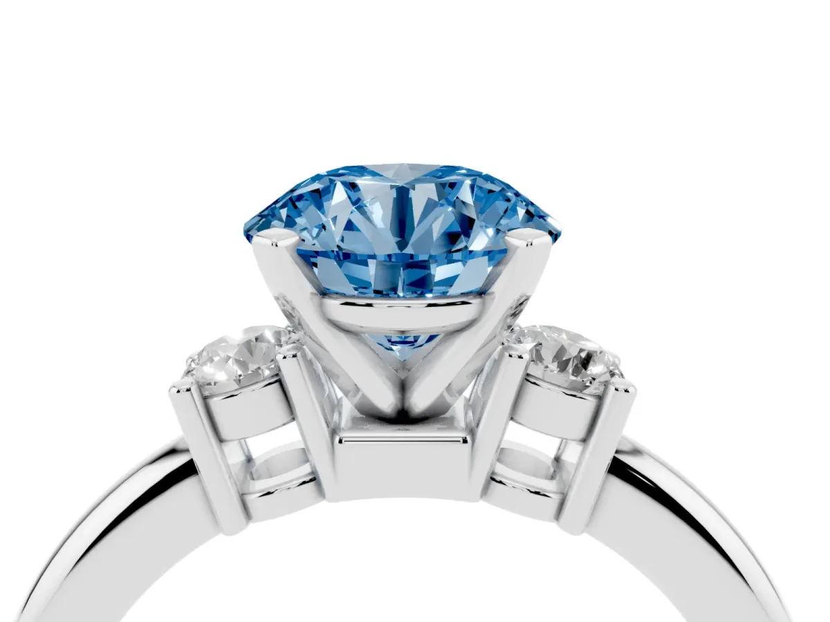Fancy Blue Three-Stone Round Cut Cut Diamond Solitaire with Prong Setting and Classic Band Silver