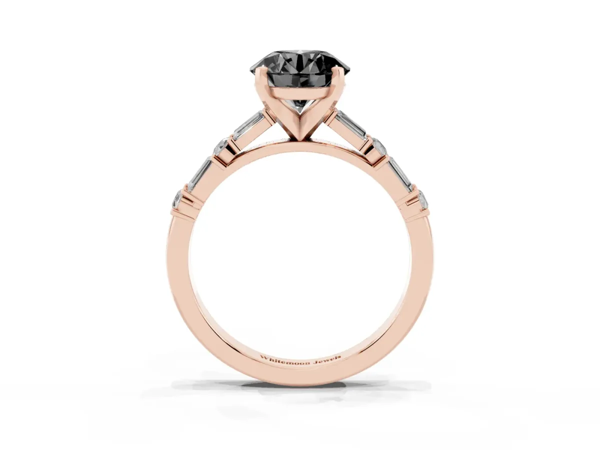 Fancy Black Round Cut Diamond Solitaire with Side Baguettes and Channel Set Band Rose gold