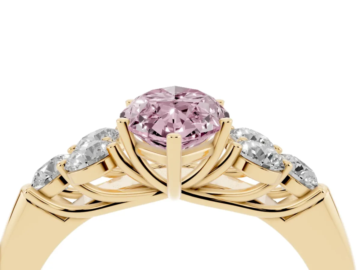 Fancy Pink Marquise Cut Cut Diamond Cluster Ring with Round Accent Stones and Prong Setting on a Classic Band Yellow gold