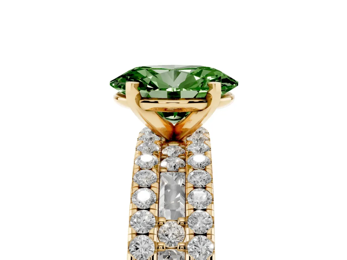 Fancy Green Oval Cut Diamond Solitaire Ring with Pavé and Channel Set Band Yellow gold