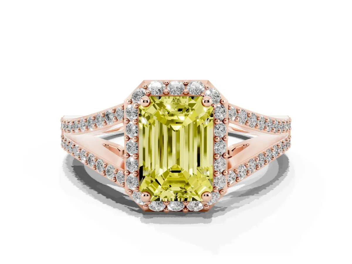 Fancy Yellow Emerald Cut Halo Split Shank Pave Diamond Ring with Four-Prong Setting Rose gold