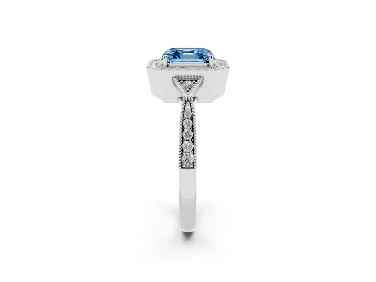 Fancy Blue Asscher Cut Halo Round Diamond Milgrain Pave Engagement Ring Silver