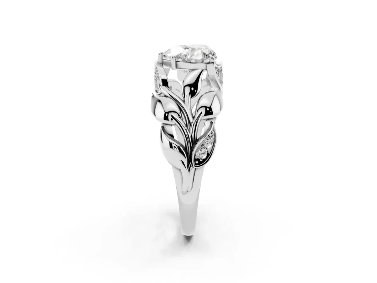Heart Cut Diamond Leaf-Inspired Engagement Ring with Round Accents and Prong Setting Silver