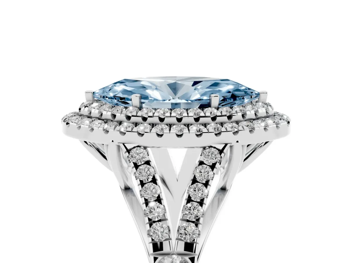 Fancy Blue Marquise Cut Cut Double Halo Split Shank Diamond Ring with Prong Setting Platinum