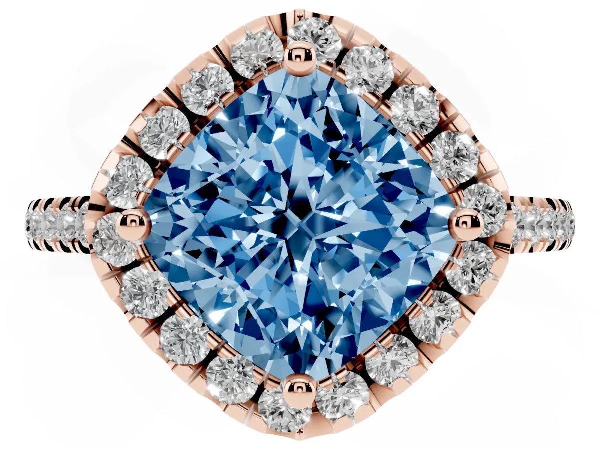 Fancy Blue Cushion Cut Diamond Cushion Halo Ring with Pavé Band Rose gold