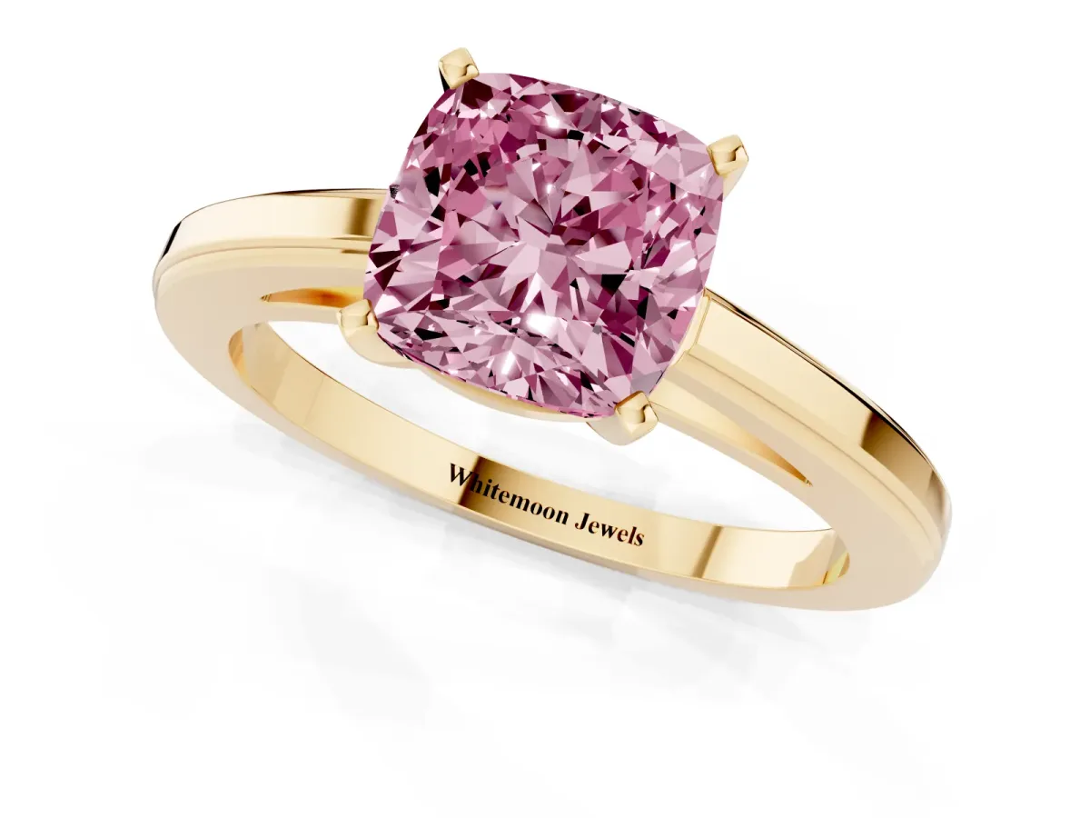 Fancy Pink Cushion Cut Solitaire Diamond Ring with Four-Prong Setting and Classic Band Yellow gold
