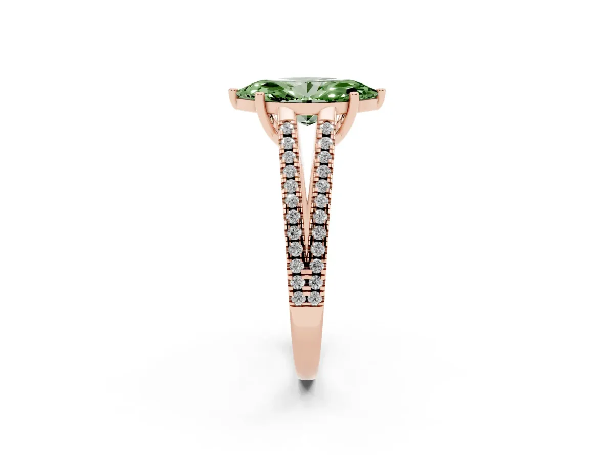 Fancy Green Marquise Cut Diamond Solitaire Engagement Ring with Split Shank Pavé Band Rose gold