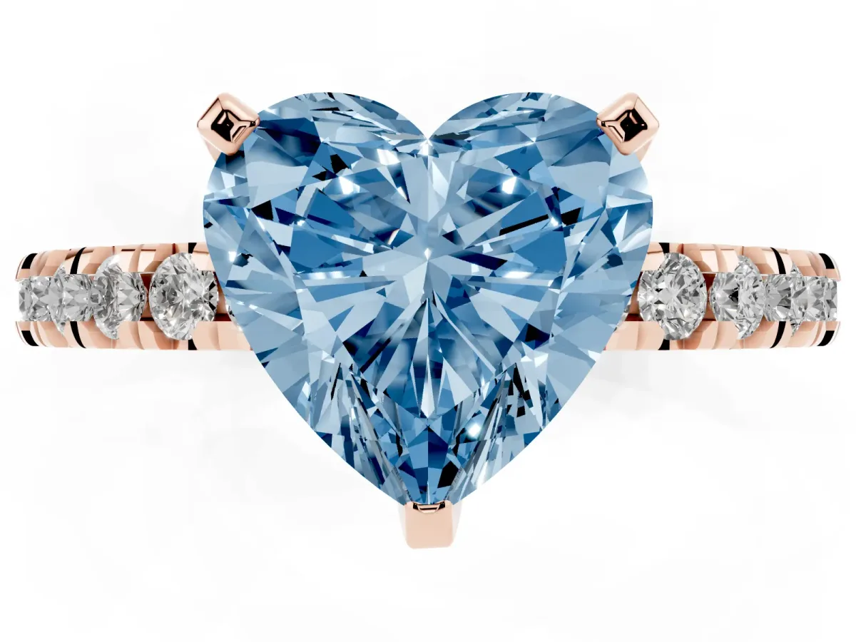 Fancy Blue Heart Cut Diamond Pavé Band Solitaire with Four-Prong Setting Rose gold