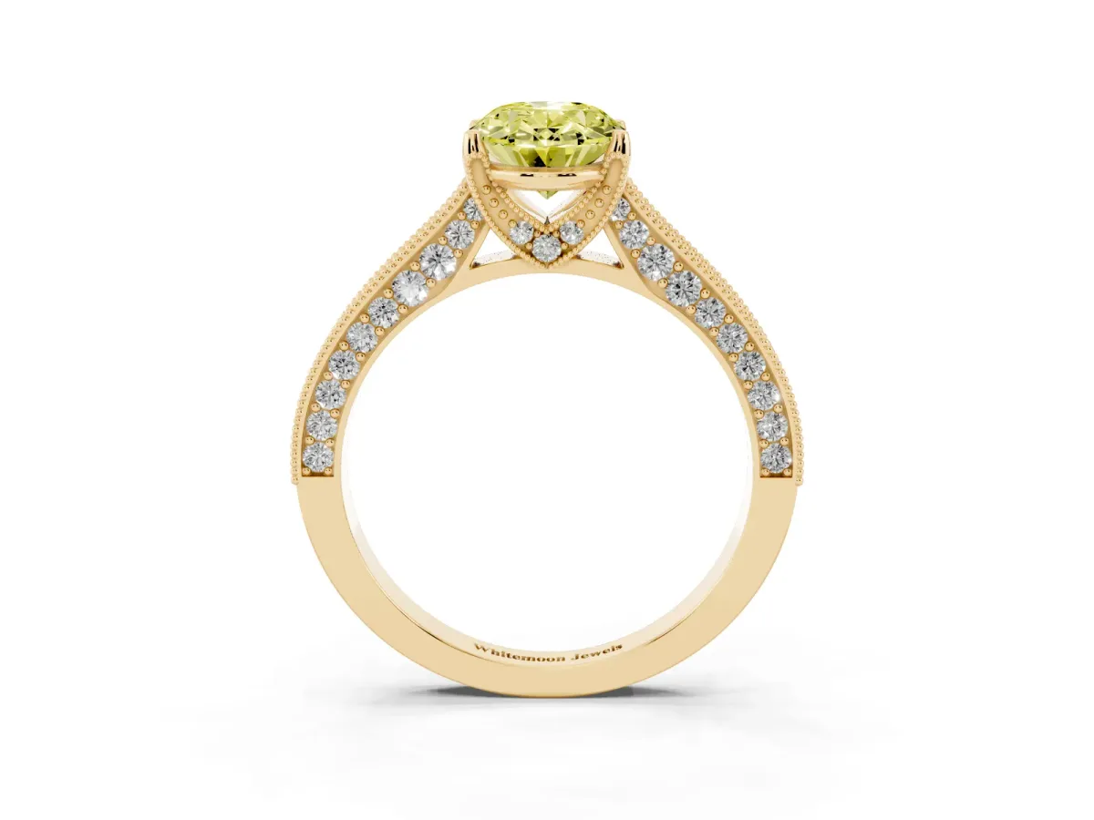 Fancy Yellow Oval Cut Cut Diamond Solitaire Ring with Milgrain Pave Band and Four Prong Setting Yellow gold