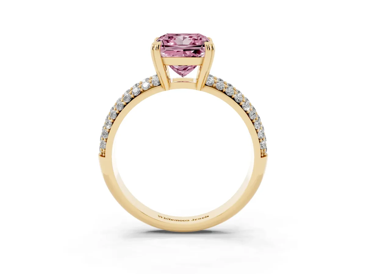Fancy Pink Princess Cut Diamond Solitaire Ring with Multi-Row Round Pavé Band and Prong Setting Yellow gold