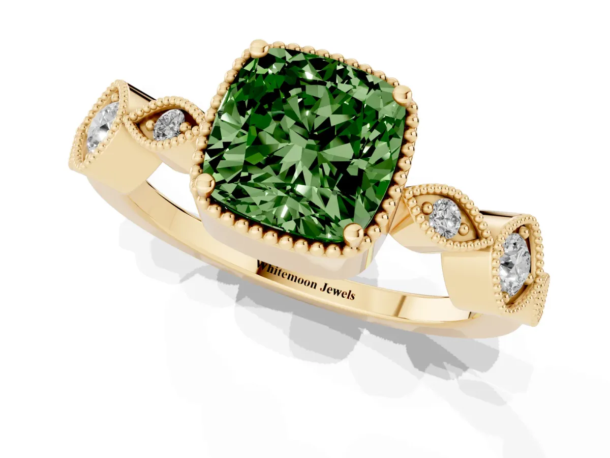 Fancy Green Cushion Cut Diamond Vintage Milgrain Ring with Round Stations Yellow gold