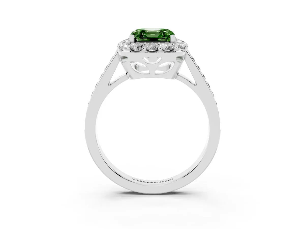 Fancy Green Asscher Cut Diamond Floral Halo Ring with Pavé Band and Prong Setting White gold