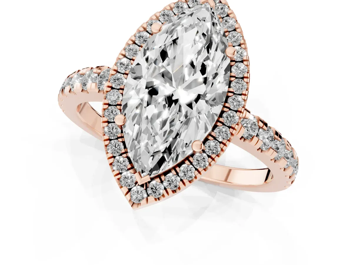 Marquise Cut Diamond Halo Ring with Pavé Band and Four-Prong Setting Rose gold