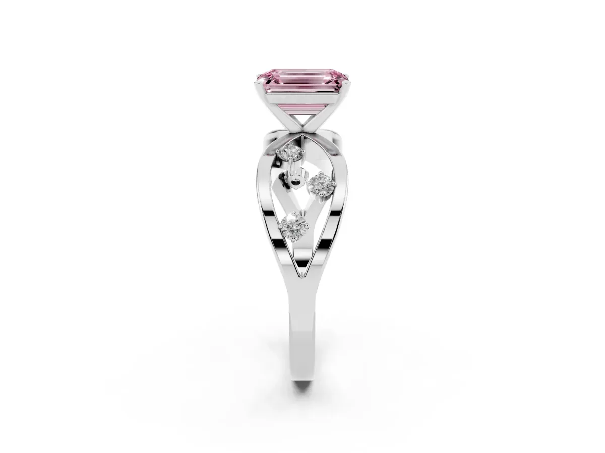 Fancy Pink Emerald Cut Cut Solitaire Diamond with Side Stones on Criss-Cross Band and Four-Prong Setting Silver