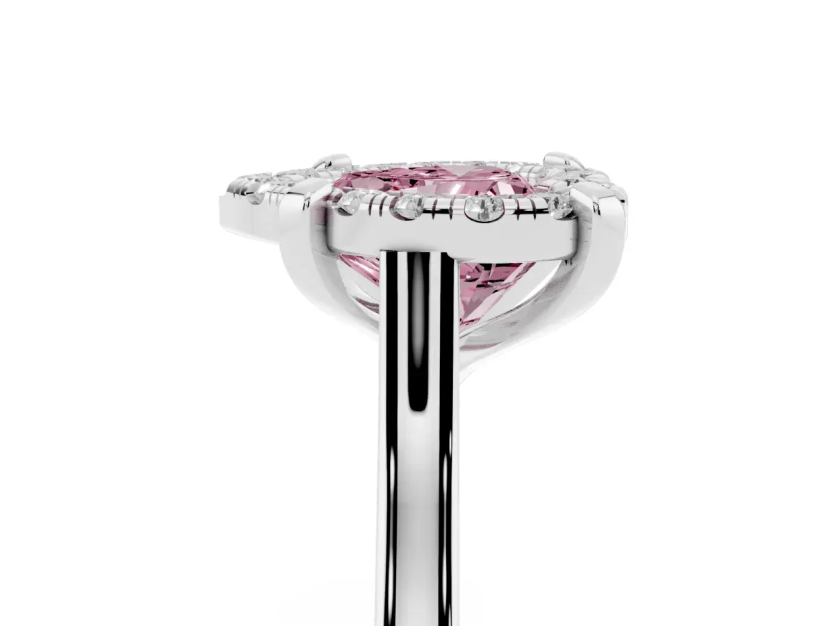 Fancy Pink Heart Cut Diamond Cluster Halo Solitaire with Four-Prong Setting Silver