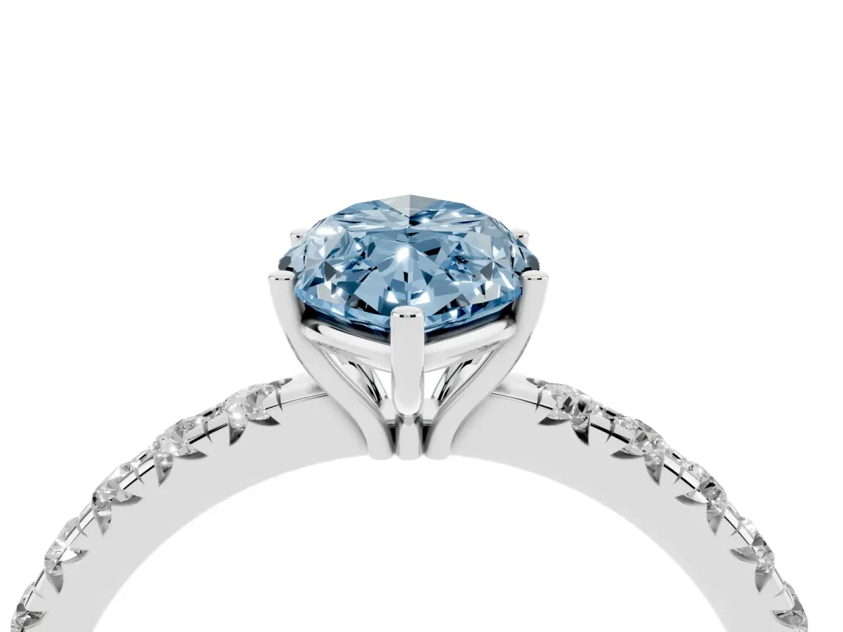 Fancy Blue Marquise Cut Diamond Pavé Solitaire Engagement Ring with Four-Prong Setting Silver