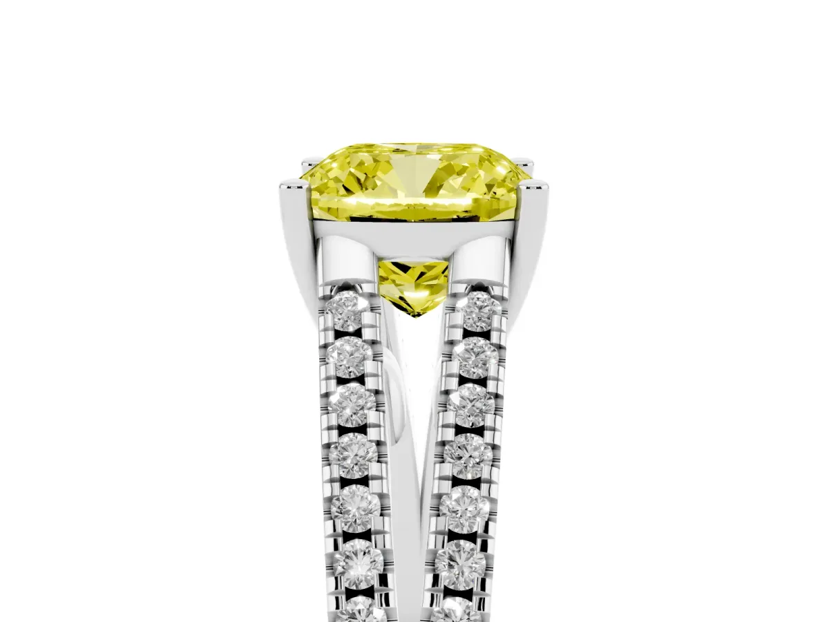 Fancy Yellow Cushion Cut Diamond Solitaire Engagement Ring with Split Shank Pavé Band Silver