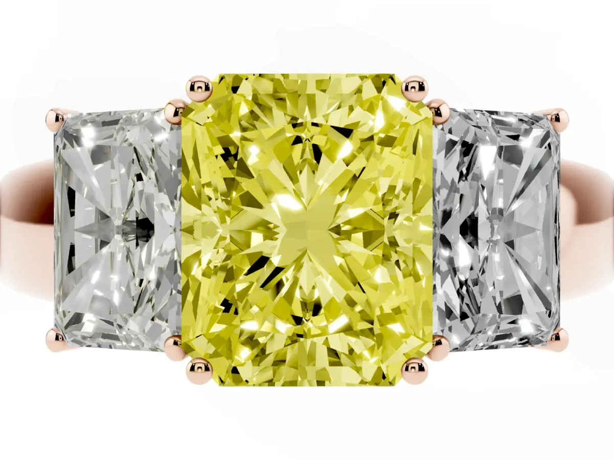 Fancy Yellow Three-Stone Radiant Cut Cut Diamond Ring with Prong Setting and Classic Band Rose gold