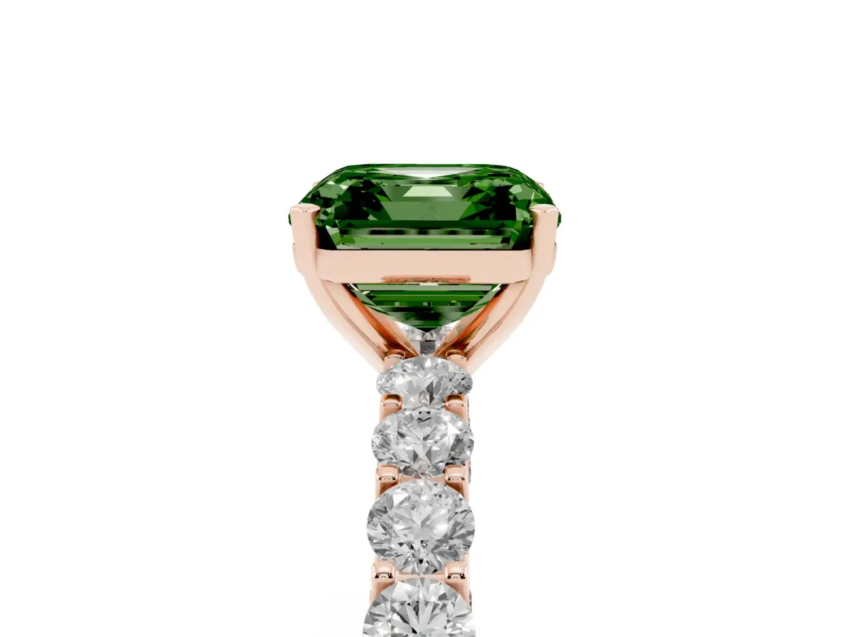 Fancy Green Asscher Cut Diamond Solitaire Ring with Shared Prong Pavé Band and Four-Prong Setting Rose gold