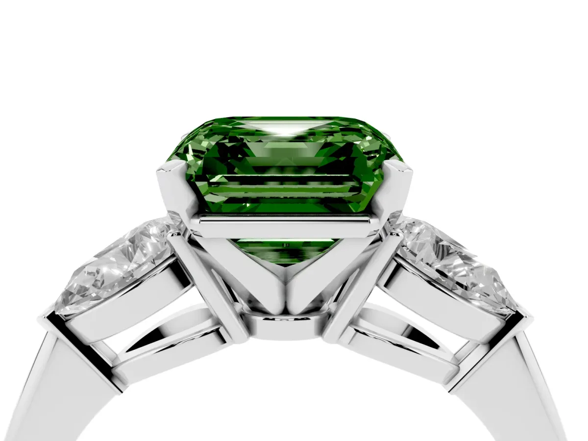 Fancy Green Three-Stone Asscher Cut Diamond Ring with Pear Side Stones and Four-Prong Setting Silver