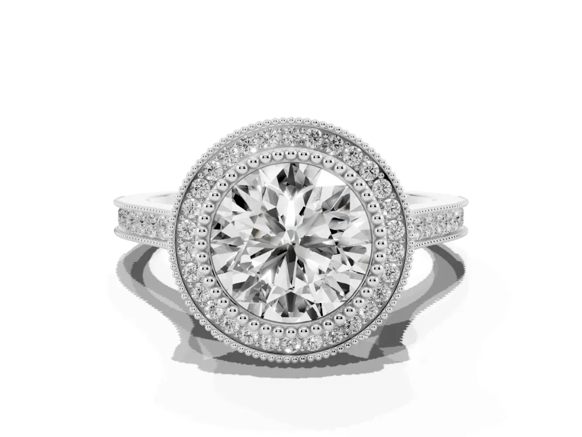 Round Cut Diamond Halo Ring with Milgrain Frame and Pavé Band Silver