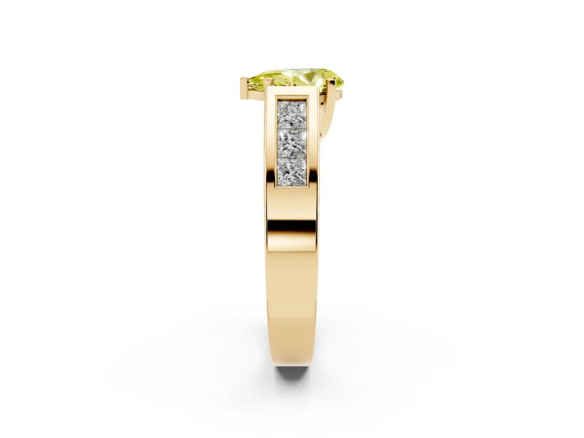 Fancy Yellow Pear Cut Cut Channel Set Solitaire Ring with Four-Prong Setting Yellow gold
