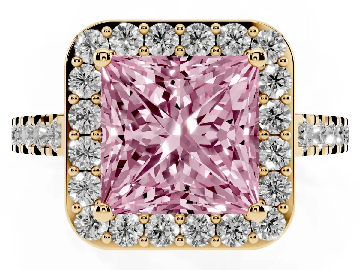 Fancy Pink Princess Cut Diamond Halo Ring with Round Pavé Split Shank and Prong Setting Yellow gold