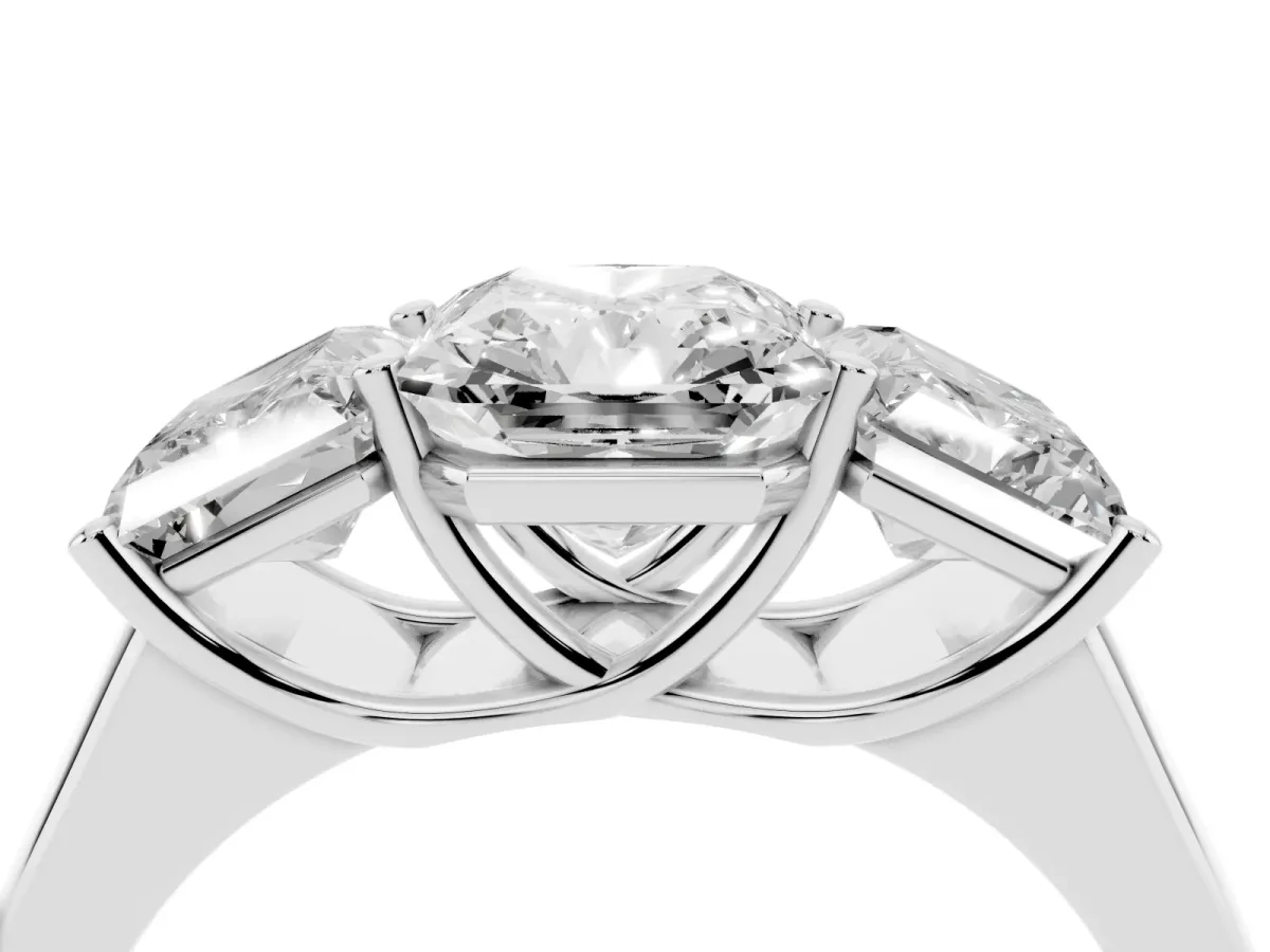 Radiant Cut Three-Stone Diamond Ring with Prong Setting on a Classic Band Silver