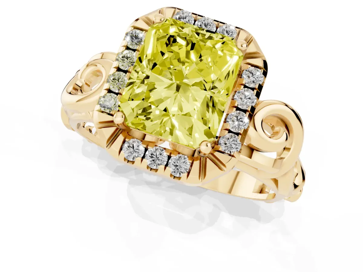 Fancy Yellow Radiant Cut Cut Halo Diamond Ring with Scrollwork Band and Four-Prong Setting Yellow gold