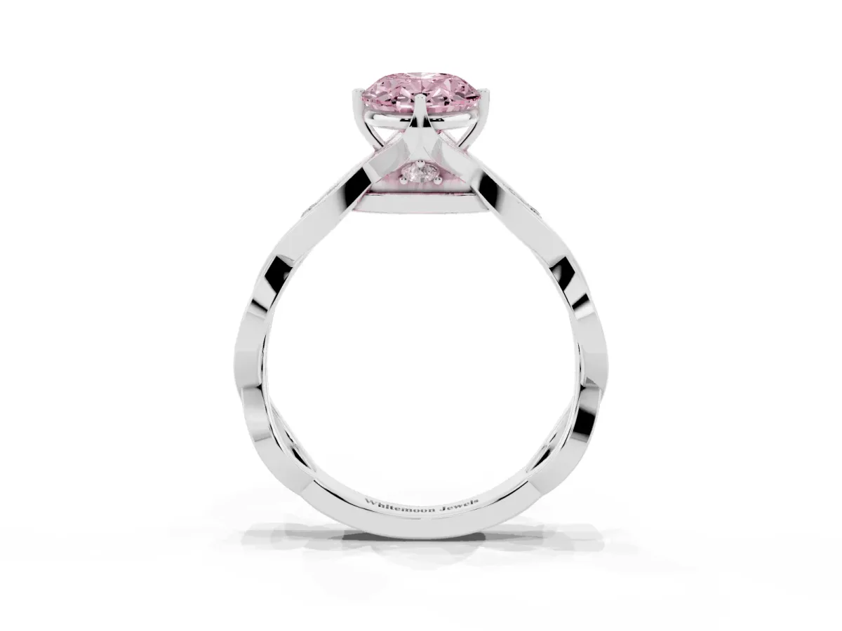 Fancy Pink Oval Cut Solitaire Twist Band with Leaf Prong Setting Silver