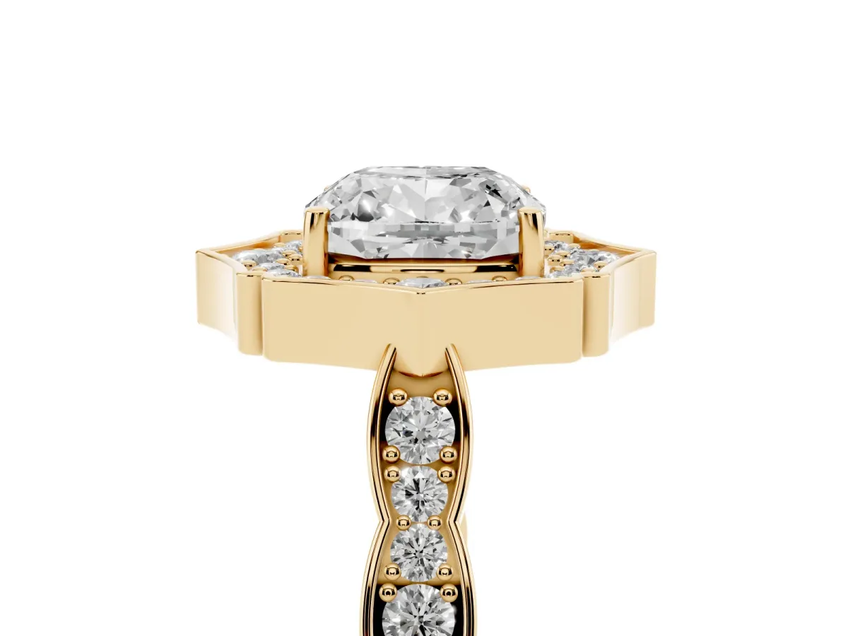 Cushion Cut Halo Diamond Engagement Ring with Milgrain Band and Four-Prong Setting Yellow gold