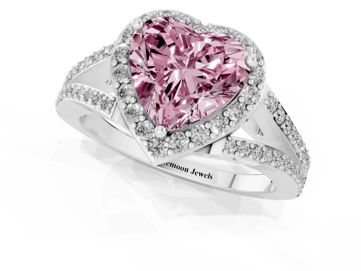 Fancy Pink Heart Cut Halo Split Shank Pave Diamond Ring with Four-Prong Setting Platinum