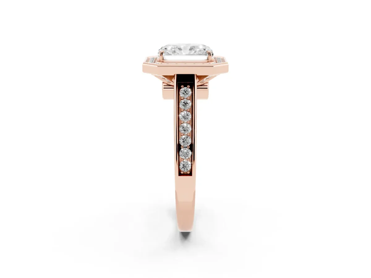 Radiant Cut Halo Solitaire Diamond Ring with Pave Band and Bezel Setting Rose gold